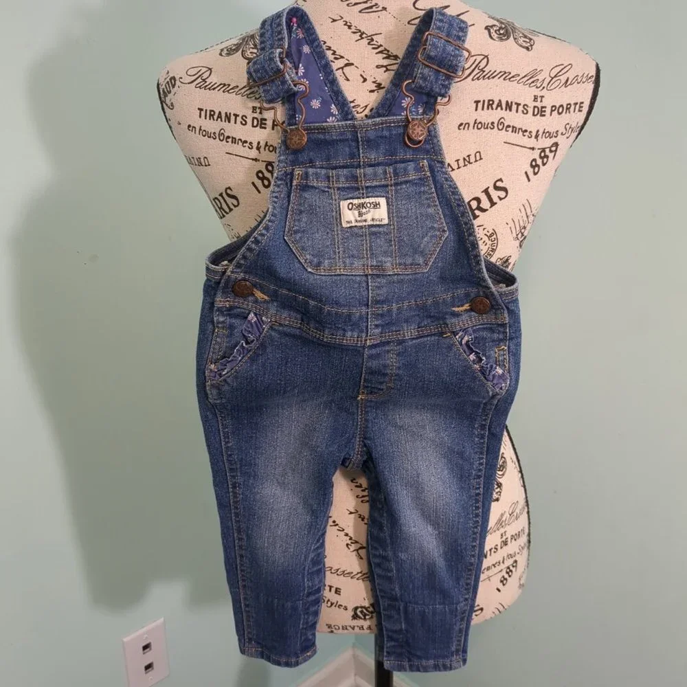 OshKosh Girl Flower Denim Blue Jean Overalls 9 months